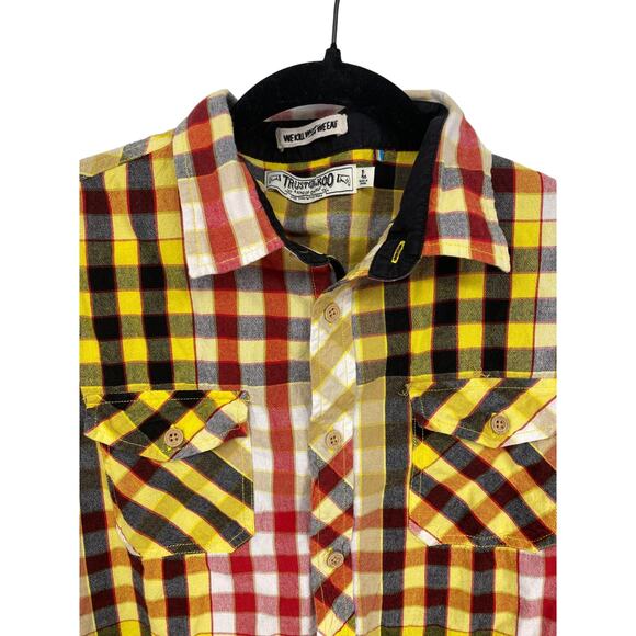 TRUST 80 AKOO MEN L checked black red yellow white CASUAL BUTTON UP plaid SHIRT - Picture 2 of 4